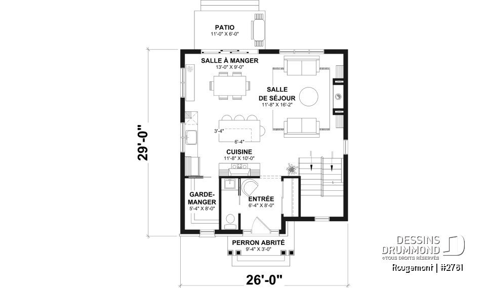 Rez-de-chaussée - Plan de maison à étage style cottage anglais avec sous-sol optionnel au Québec. - Rougemont