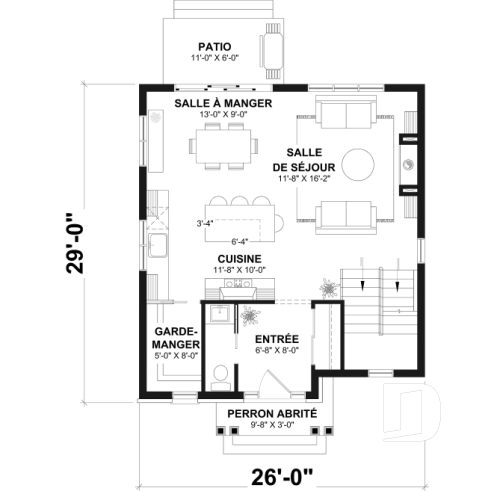 Rez-de-chaussée - Plan de maison à étage style cottage anglais avec sous-sol optionnel au Québec. - Rougemont
