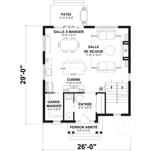 Rez-de-chaussée - Plan de maison à étage style cottage anglais avec sous-sol optionnel au Québec. - Rougemont