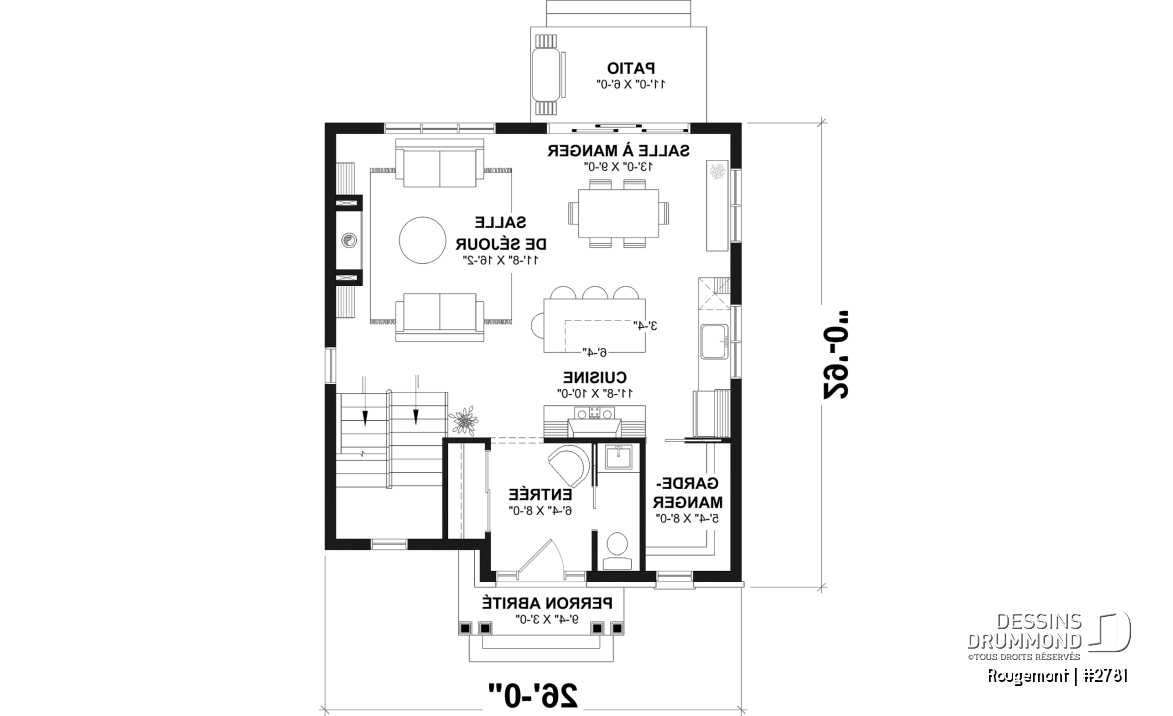 Rez-de-chaussée - Plan de maison à étage style cottage anglais avec sous-sol optionnel au Québec. - Rougemont