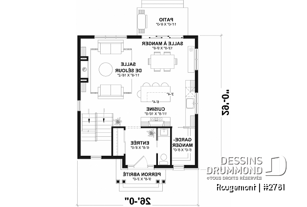 Rez-de-chaussée - Plan de maison à étage style cottage anglais avec sous-sol optionnel au Québec. - Rougemont