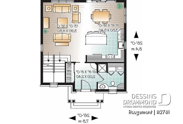 Rez-de-chaussée - Plan de maison abordable de 3 chambres, cuisine avec îlot et vestibule - Rougemont