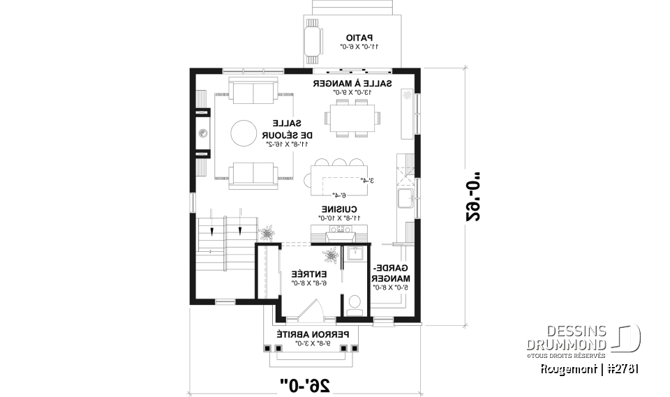 Rez-de-chaussée - Plan de maison à étage style cottage anglais avec sous-sol optionnel au Québec. - Rougemont