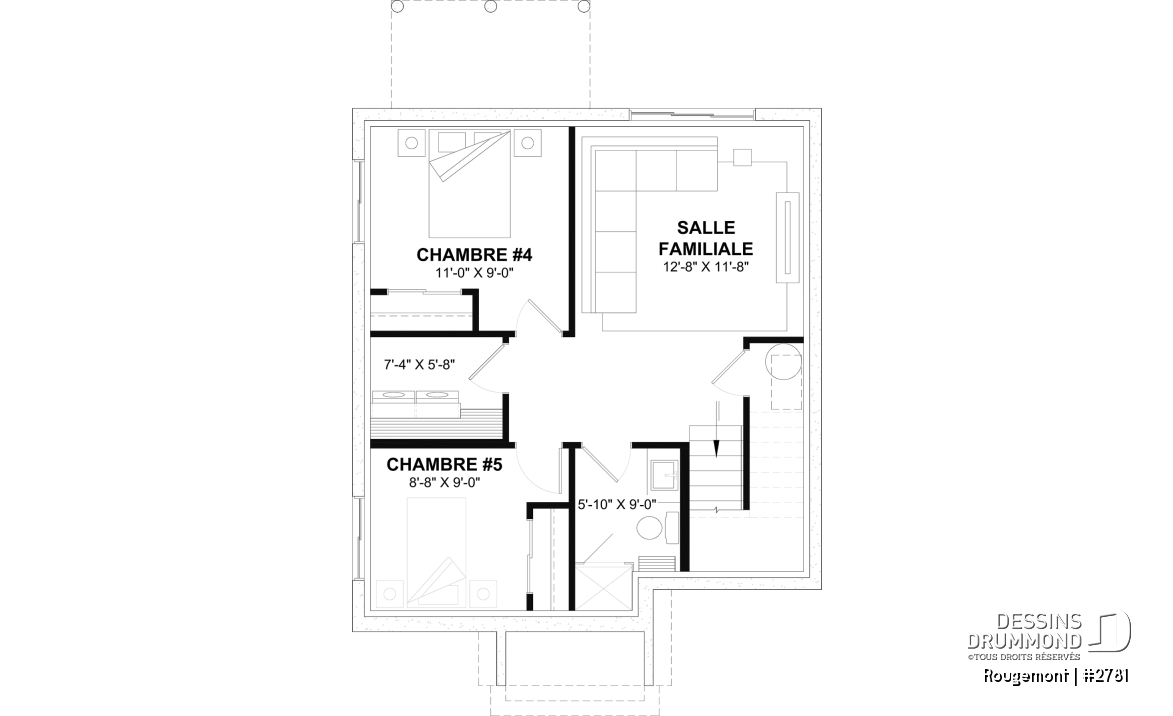 Sous-sol aménagé (Optionel $) - Plan de maison à étage style cottage anglais avec sous-sol optionnel au Québec. - Rougemont