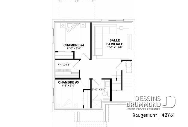 Sous-sol aménagé (Optionel $) - Plan de maison à étage style cottage anglais avec sous-sol optionnel au Québec. - Rougemont