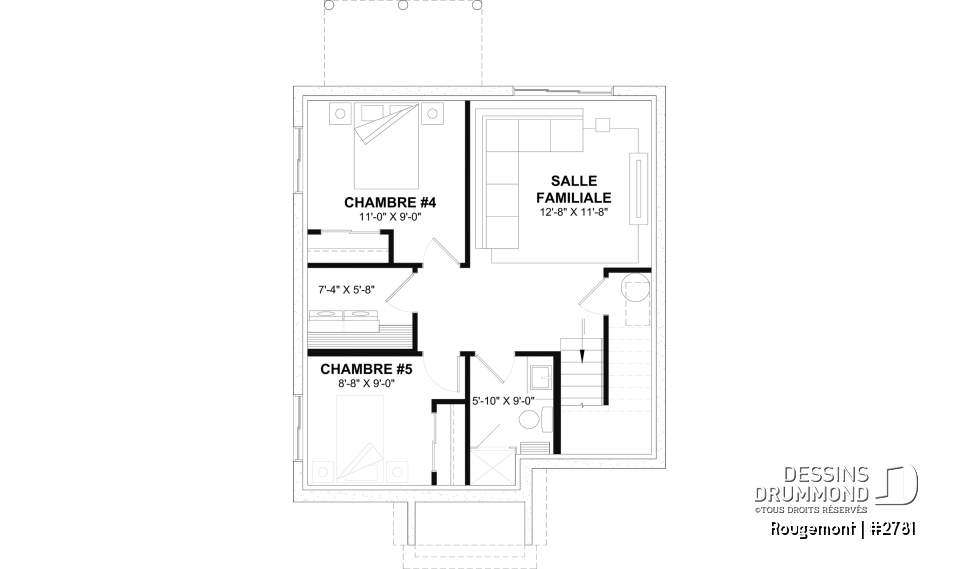 Sous-sol aménagé (Optionel $) - Plan de maison à étage style cottage anglais avec sous-sol optionnel au Québec. - Rougemont