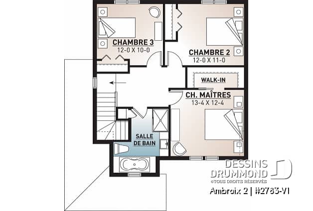 Étage - Plan de maison champêtre rustique, 3 grande chambres, vestibule fermé, buanderie au premier - Ambroix 2