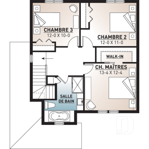 Étage - Plan de maison champêtre rustique, 3 grande chambres, vestibule fermé, buanderie au premier - Ambroix 2