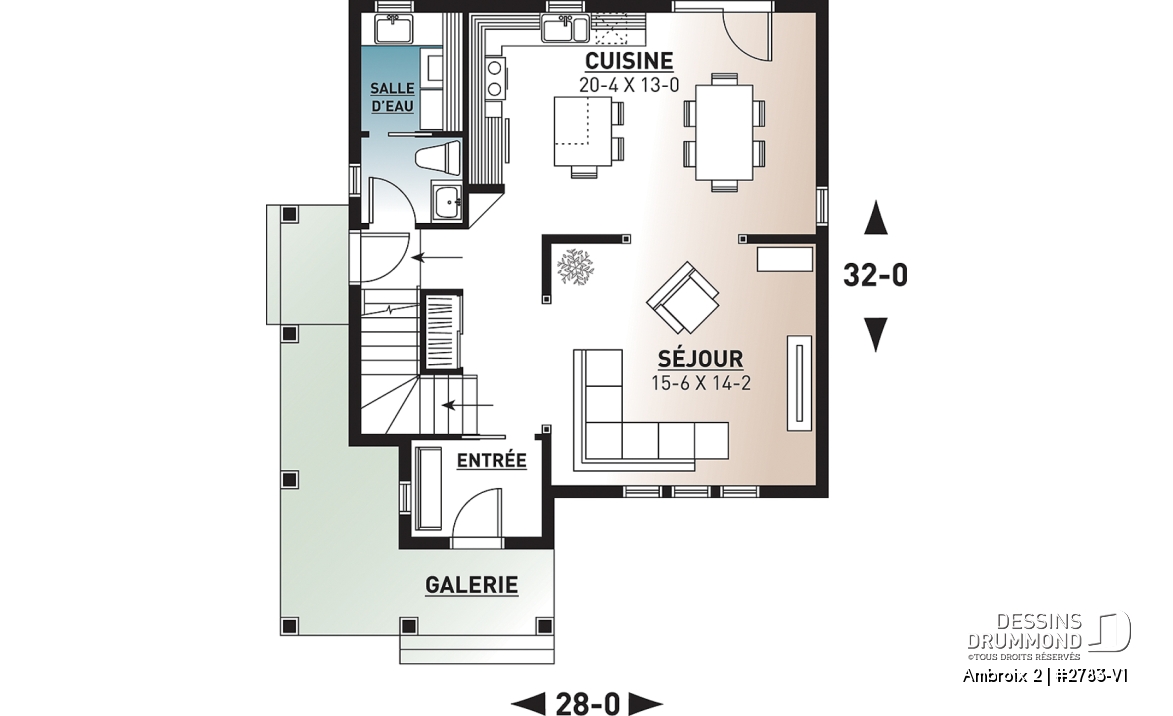 Rez-de-chaussée - Plan de maison champêtre rustique, 3 grande chambres, vestibule fermé, buanderie au premier - Ambroix 2