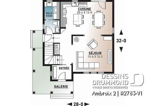 Rez-de-chaussée - Plan de maison champêtre rustique, 3 grande chambres, vestibule fermé, buanderie au premier - Ambroix 2