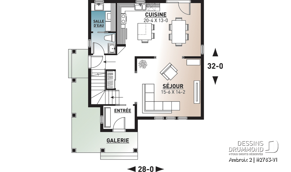 Rez-de-chaussée - Plan de maison champêtre rustique, 3 grande chambres, vestibule fermé, buanderie au premier - Ambroix 2