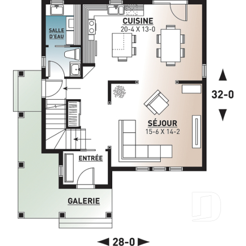 Rez-de-chaussée - Plan de maison champêtre rustique, 3 grande chambres, vestibule fermé, buanderie au premier - Ambroix 2