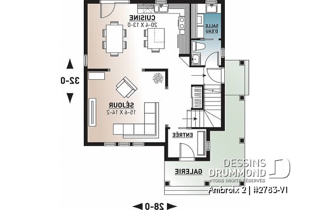 Rez-de-chaussée - Plan de maison champêtre rustique, 3 grande chambres, vestibule fermé, buanderie au premier - Ambroix 2