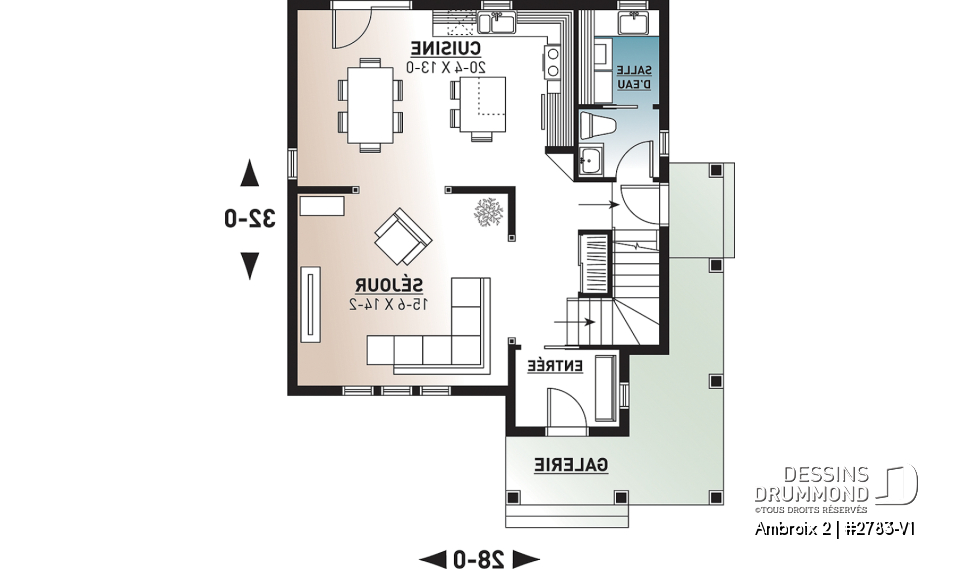 Rez-de-chaussée - Plan de maison champêtre rustique, 3 grande chambres, vestibule fermé, buanderie au premier - Ambroix 2