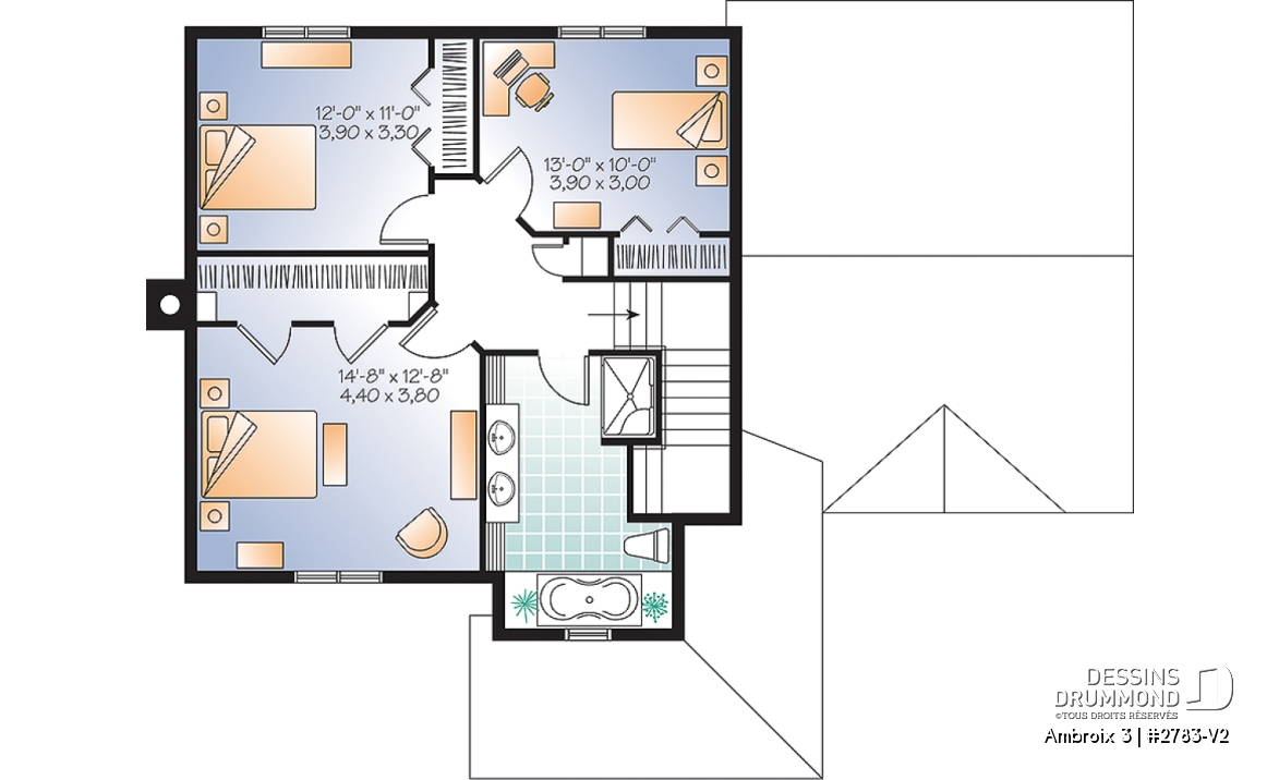 Étage - Plan d'un modèle champêtre, 3 chambres, grand salon, garde-manger, coin ordinateur, garage - Ambroix 3