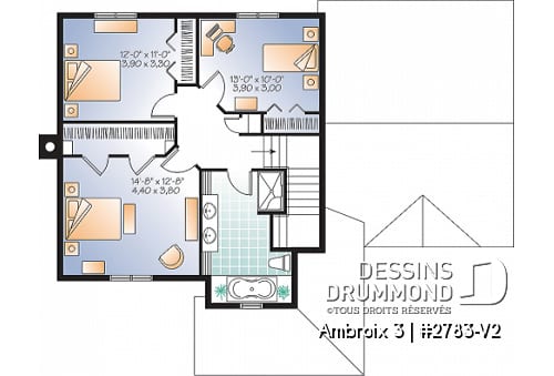 Étage - Plan d'un modèle champêtre, 3 chambres, grand salon, garde-manger, coin ordinateur, garage - Ambroix 3