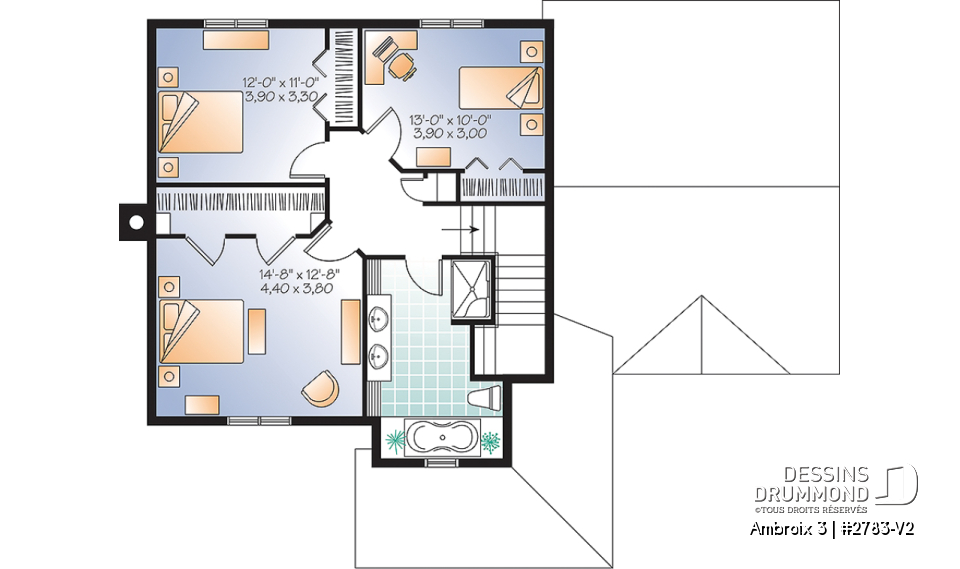 Étage - Plan d'un modèle champêtre, 3 chambres, grand salon, garde-manger, coin ordinateur, garage - Ambroix 3