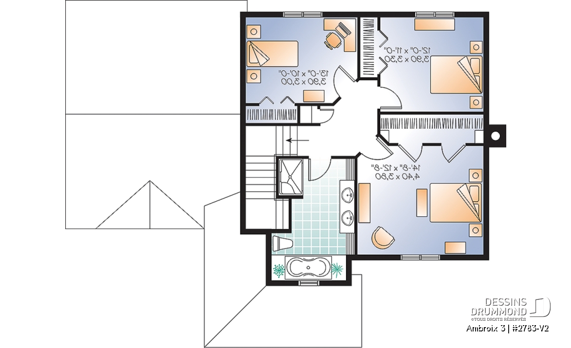 Étage - Plan d'un modèle champêtre, 3 chambres, grand salon, garde-manger, coin ordinateur, garage - Ambroix 3