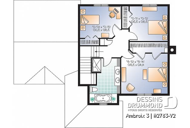 Étage - Plan d'un modèle champêtre, 3 chambres, grand salon, garde-manger, coin ordinateur, garage - Ambroix 3