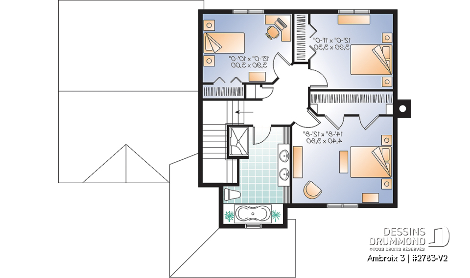 Étage - Plan d'un modèle champêtre, 3 chambres, grand salon, garde-manger, coin ordinateur, garage - Ambroix 3