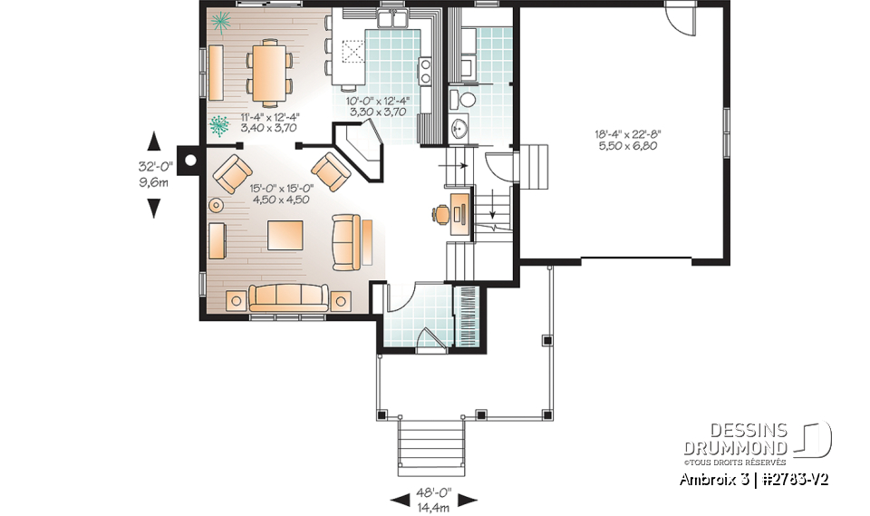 Rez-de-chaussée - Plan d'un modèle champêtre, 3 chambres, grand salon, garde-manger, coin ordinateur, garage - Ambroix 3