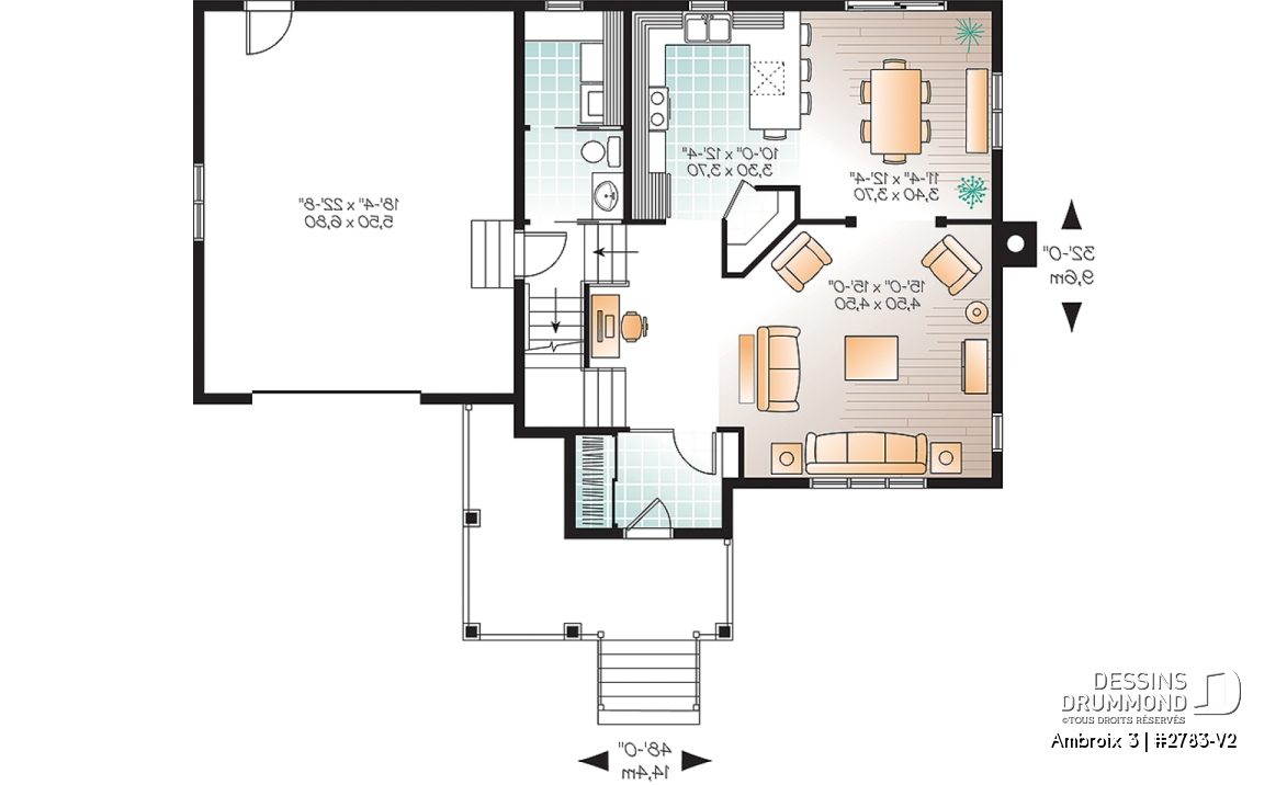 Rez-de-chaussée - Plan d'un modèle champêtre, 3 chambres, grand salon, garde-manger, coin ordinateur, garage - Ambroix 3