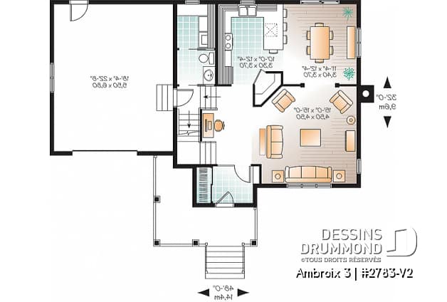 Rez-de-chaussée - Plan d'un modèle champêtre, 3 chambres, grand salon, garde-manger, coin ordinateur, garage - Ambroix 3