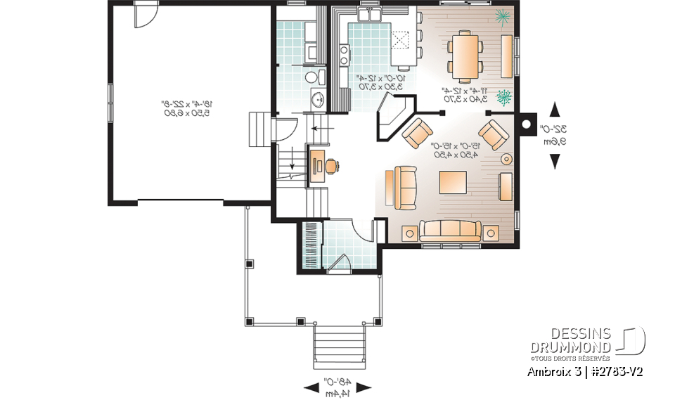 Rez-de-chaussée - Plan d'un modèle champêtre, 3 chambres, grand salon, garde-manger, coin ordinateur, garage - Ambroix 3