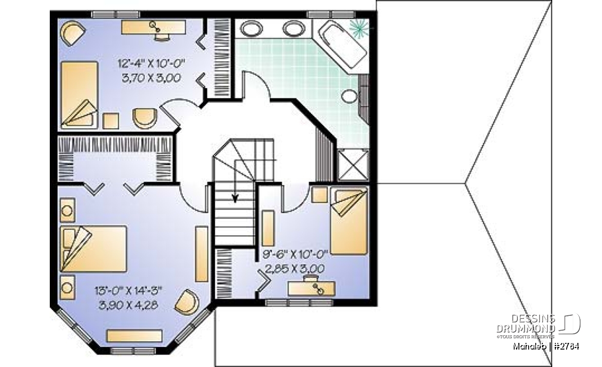 Étage - Plan de maison champêtre, belle lumière naturelle, abri d'auto, chambre des maîtres dans la tourrelle - Mahaleb