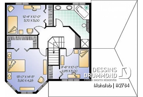 Étage - Plan de maison champêtre, belle lumière naturelle, abri d'auto, chambre des maîtres dans la tourrelle - Mahaleb