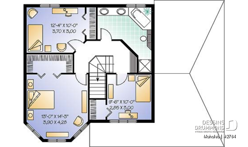 Étage - Plan de maison champêtre, belle lumière naturelle, abri d'auto, chambre des maîtres dans la tourrelle - Mahaleb