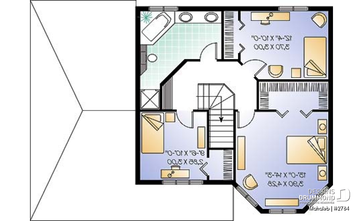 Étage - Plan de maison champêtre, belle lumière naturelle, abri d'auto, chambre des maîtres dans la tourrelle - Mahaleb