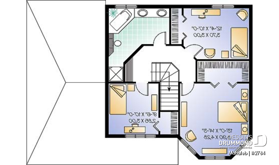 Étage - Plan de maison champêtre, belle lumière naturelle, abri d'auto, chambre des maîtres dans la tourrelle - Mahaleb