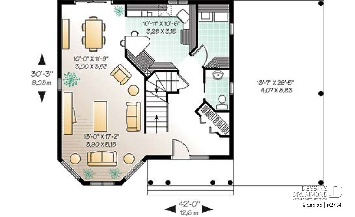 Rez-de-chaussée - Plan de maison champêtre, belle lumière naturelle, abri d'auto, chambre des maîtres dans la tourrelle - Mahaleb