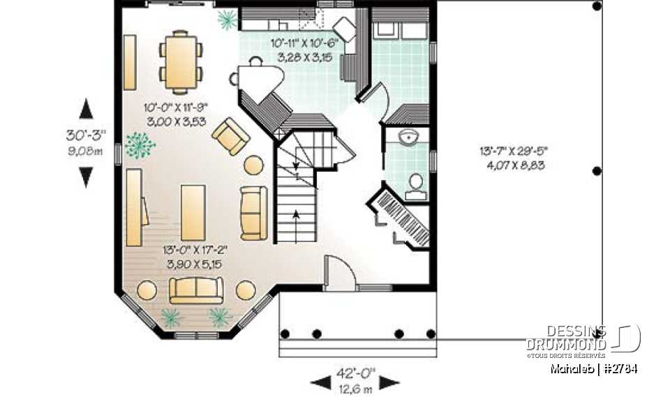 Rez-de-chaussée - Plan de maison champêtre, belle lumière naturelle, abri d'auto, chambre des maîtres dans la tourrelle - Mahaleb