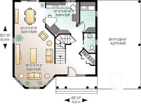 Rez-de-chaussée - Plan de maison champêtre, belle lumière naturelle, abri d'auto, chambre des maîtres dans la tourrelle - Mahaleb
