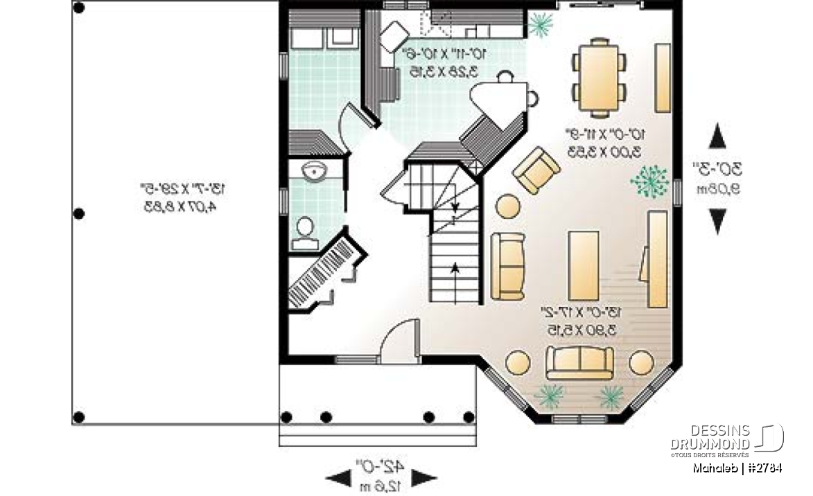 Rez-de-chaussée - Plan de maison champêtre, belle lumière naturelle, abri d'auto, chambre des maîtres dans la tourrelle - Mahaleb