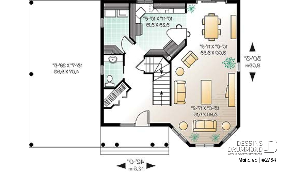 Rez-de-chaussée - Plan de maison champêtre, belle lumière naturelle, abri d'auto, chambre des maîtres dans la tourrelle - Mahaleb