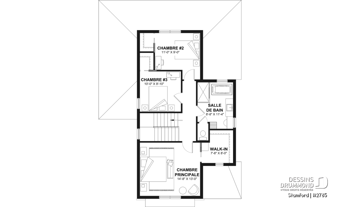 Étage - Plan de maison pour terrain étroit, 3 à 5 chambres, sous-sol aménagé (optionnel $), grande terrasse abritée - Stamford