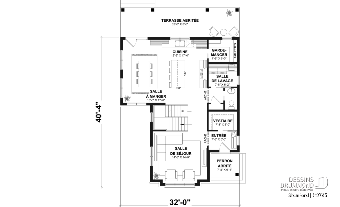 Rez-de-chaussée - Plan de maison pour terrain étroit, 3 à 5 chambres, sous-sol aménagé (optionnel $), grande terrasse abritée - Stamford