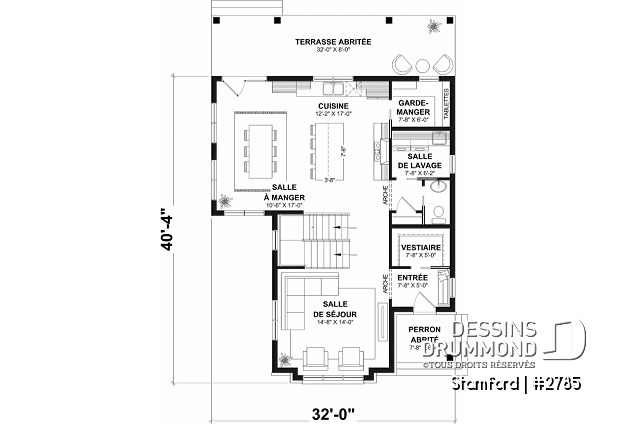 Rez-de-chaussée - Plan de maison pour terrain étroit, 3 à 5 chambres, sous-sol aménagé (optionnel $), grande terrasse abritée - Stamford