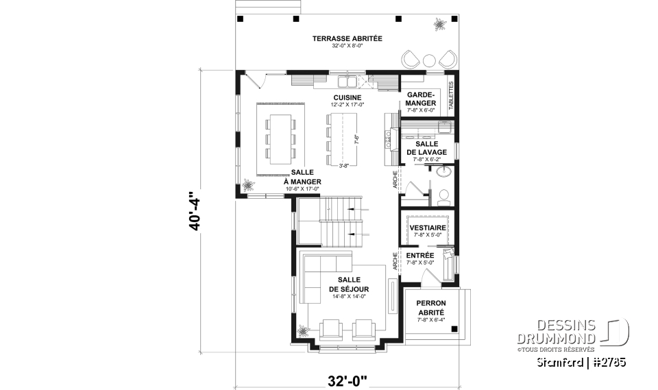 Rez-de-chaussée - Plan de maison pour terrain étroit, 3 à 5 chambres, sous-sol aménagé (optionnel $), grande terrasse abritée - Stamford