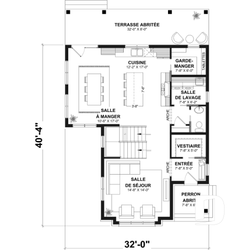 Rez-de-chaussée - Plan de maison pour terrain étroit, 3 à 5 chambres, sous-sol aménagé (optionnel $), grande terrasse abritée - Stamford