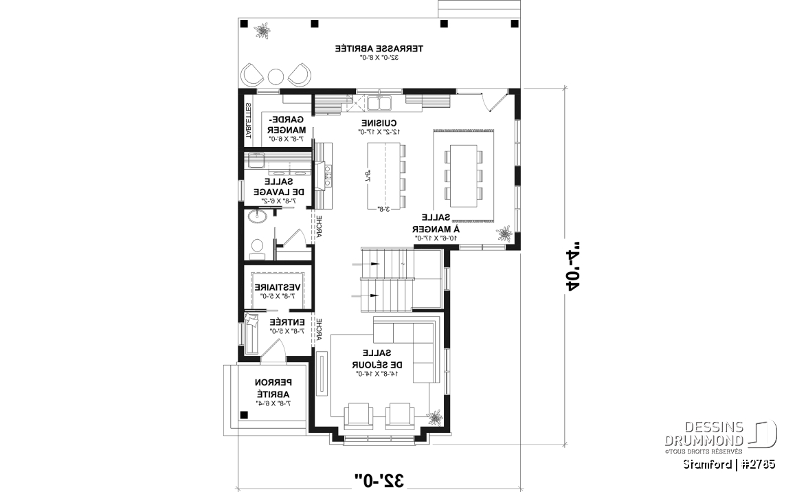 Rez-de-chaussée - Plan de maison pour terrain étroit, 3 à 5 chambres, sous-sol aménagé (optionnel $), grande terrasse abritée - Stamford