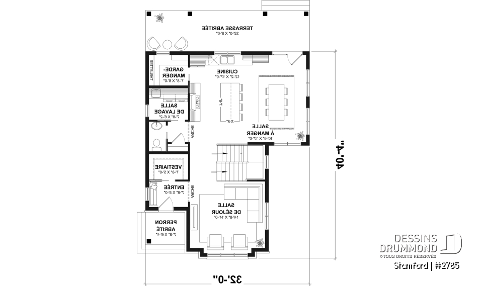 Rez-de-chaussée - Plan de maison pour terrain étroit, 3 à 5 chambres, sous-sol aménagé (optionnel $), grande terrasse abritée - Stamford