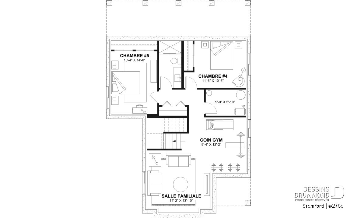 Sous-sol aménagé - Plan de maison pour terrain étroit, 3 à 5 chambres, sous-sol aménagé (optionnel $), grande terrasse abritée - Stamford