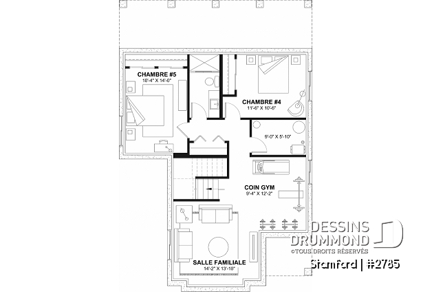 Sous-sol aménagé - Plan de maison pour terrain étroit, 3 à 5 chambres, sous-sol aménagé (optionnel $), grande terrasse abritée - Stamford