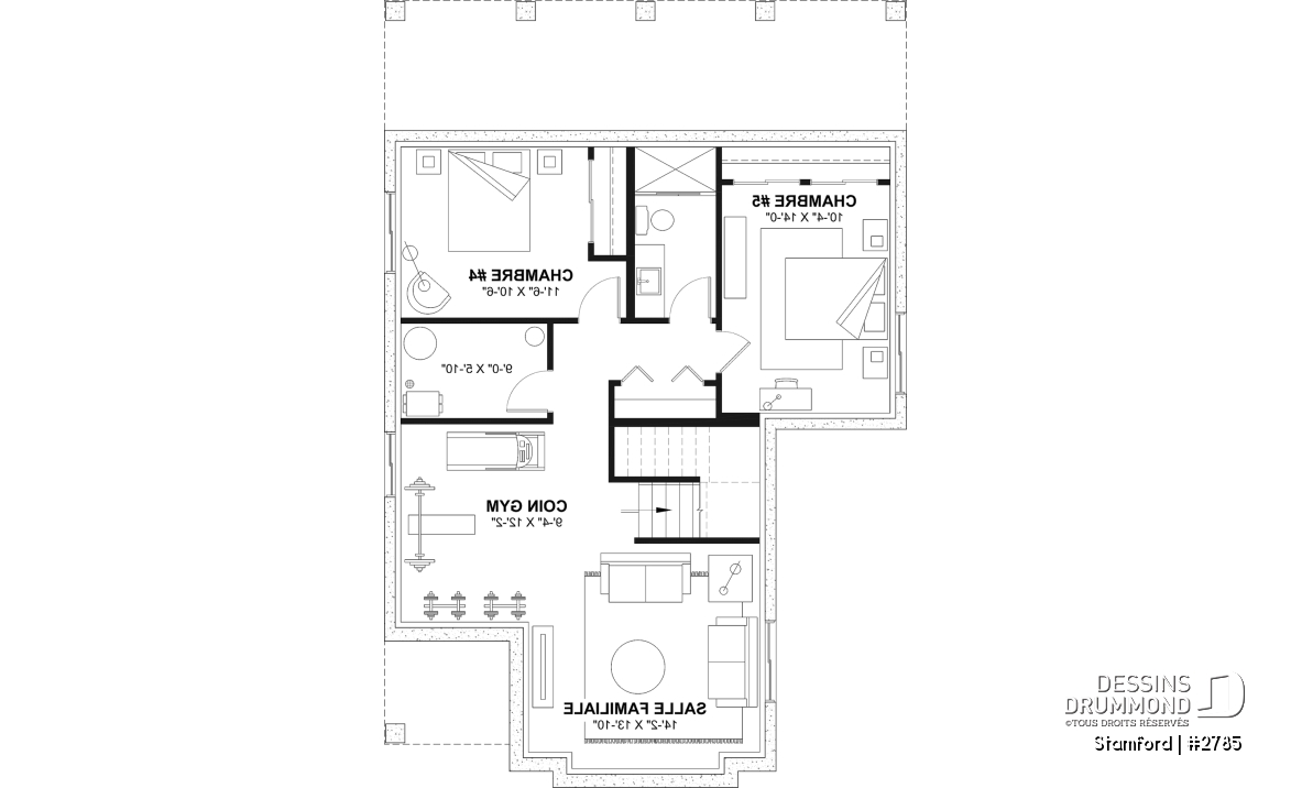 Sous-sol aménagé - Plan de maison pour terrain étroit, 3 à 5 chambres, sous-sol aménagé (optionnel $), grande terrasse abritée - Stamford