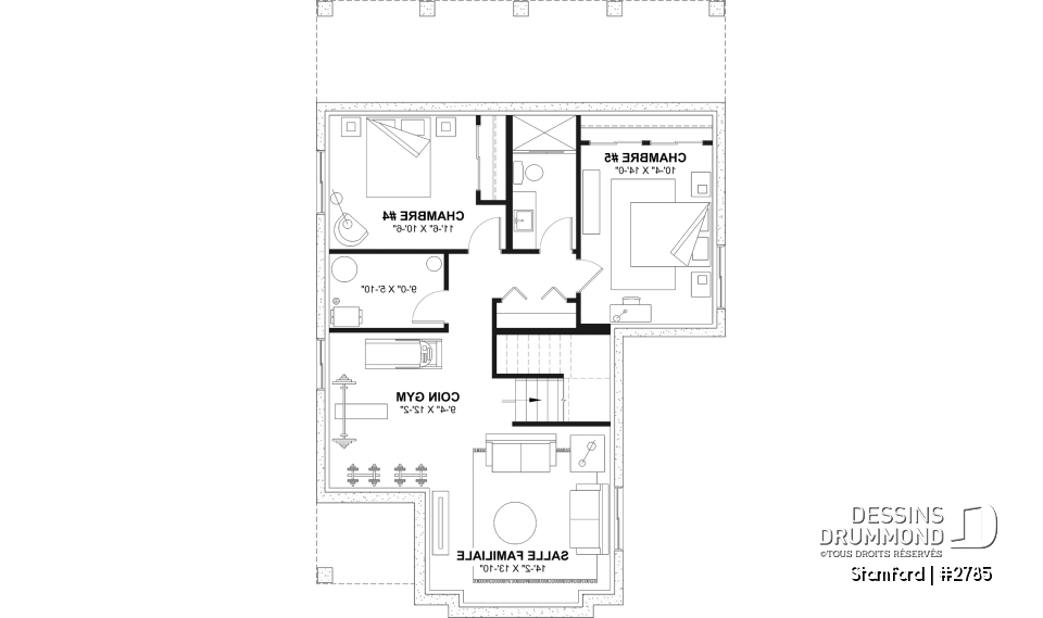 Sous-sol aménagé - Plan de maison pour terrain étroit, 3 à 5 chambres, sous-sol aménagé (optionnel $), grande terrasse abritée - Stamford