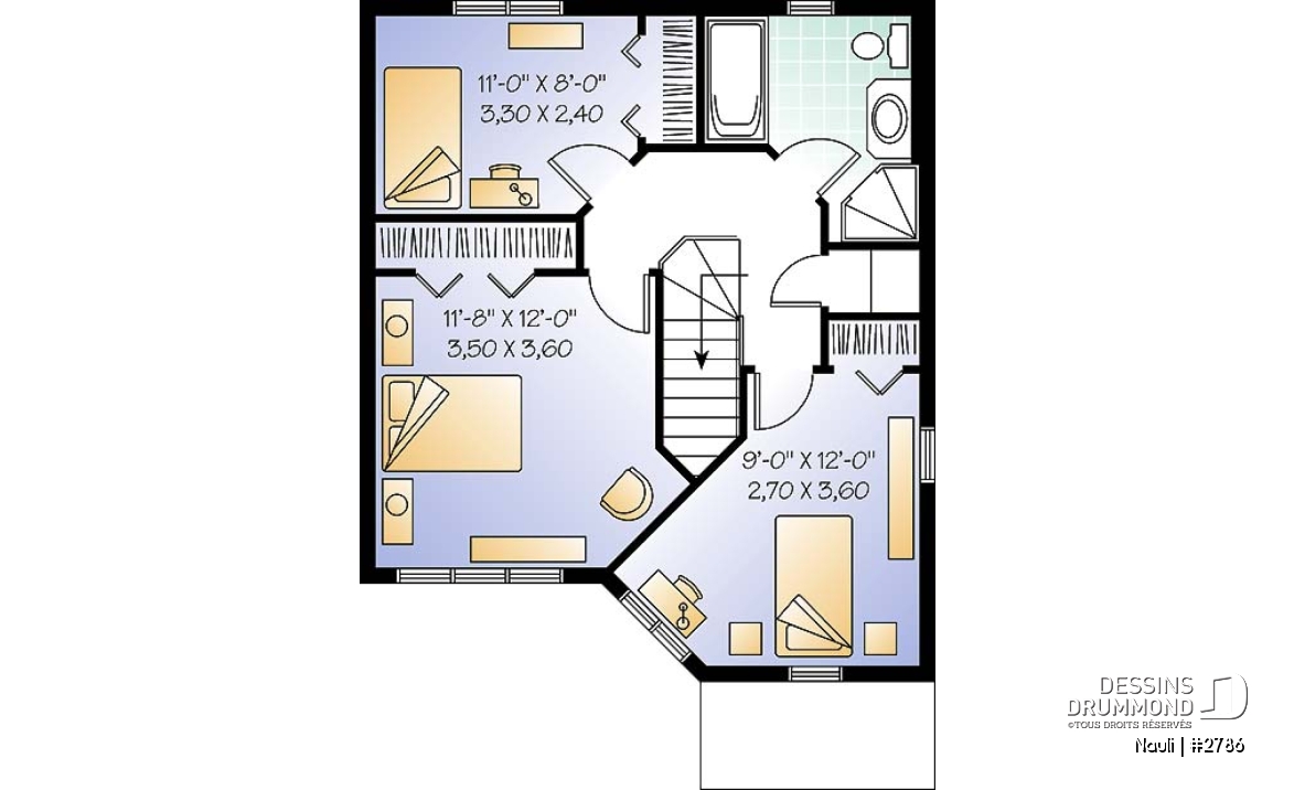 Étage - Plan de maison abordable à étage, cuisine avec comptoir-lunch, 3 chambres, plancher à aire ouverte - Nauli
